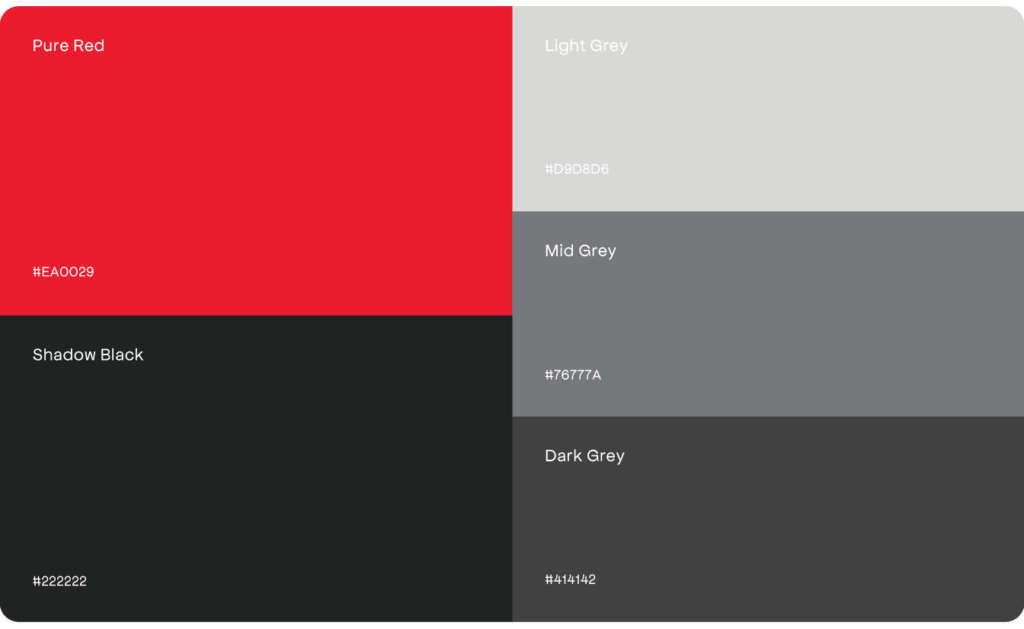 Conte Studios presents a carefully curated color palette featuring Pure Red (#EA0029), Light Grey (#D9D9D9), Mid Grey (#76777A), and Shadow Black (#222222). Ideal for any web design agency in Toronto looking to add vibrancy and sophistication to their projects. Conte Studios