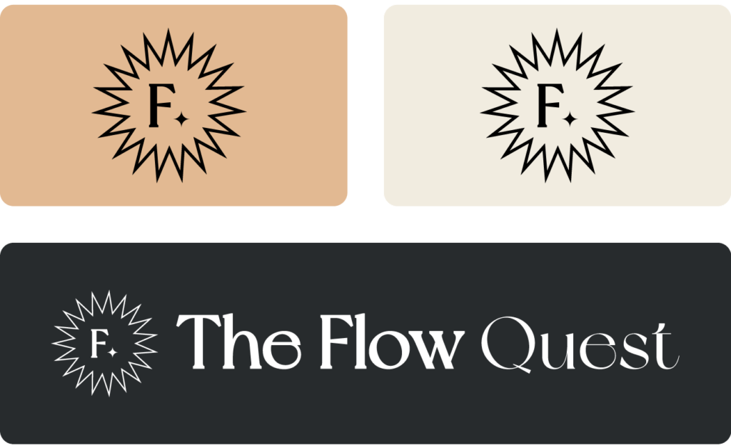 Logo design featuring a stylized letter "F" within a starburst shape by Conte Studios. Two color variations are displayed above the text "The Flow Quest" in a dark shaded box, representing the creative flair of this renowned brand design agency in Toronto. Conte Studios