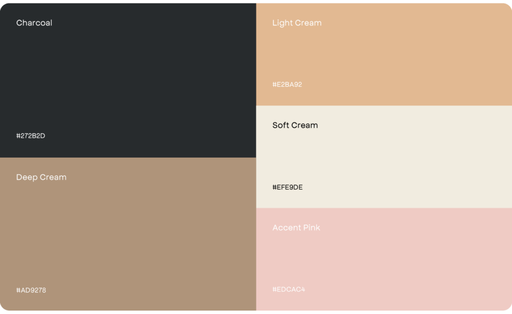 Color palette by Conte Studios with five sections: Charcoal, Light Cream, Deep Cream, Soft Cream, Accent Pink. Each section includes its respective HEX code. Perfect for any brand design project in Toronto. Conte Studios