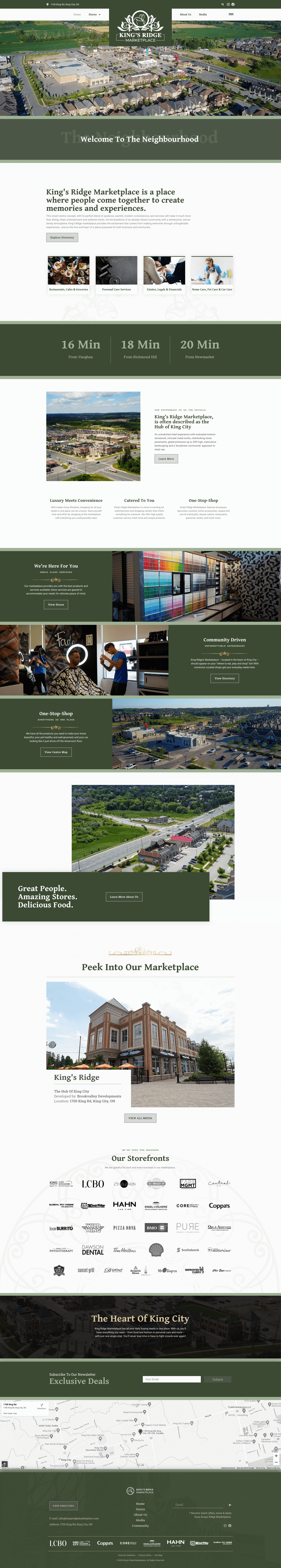 Webpage featuring King City promotional content, including images of landscapes, a time-to-location chart, property listings, and local highlights. With a green and white color scheme crafted by a leading Toronto Design Agency, the site offers various well-organized sections. Conte Studios