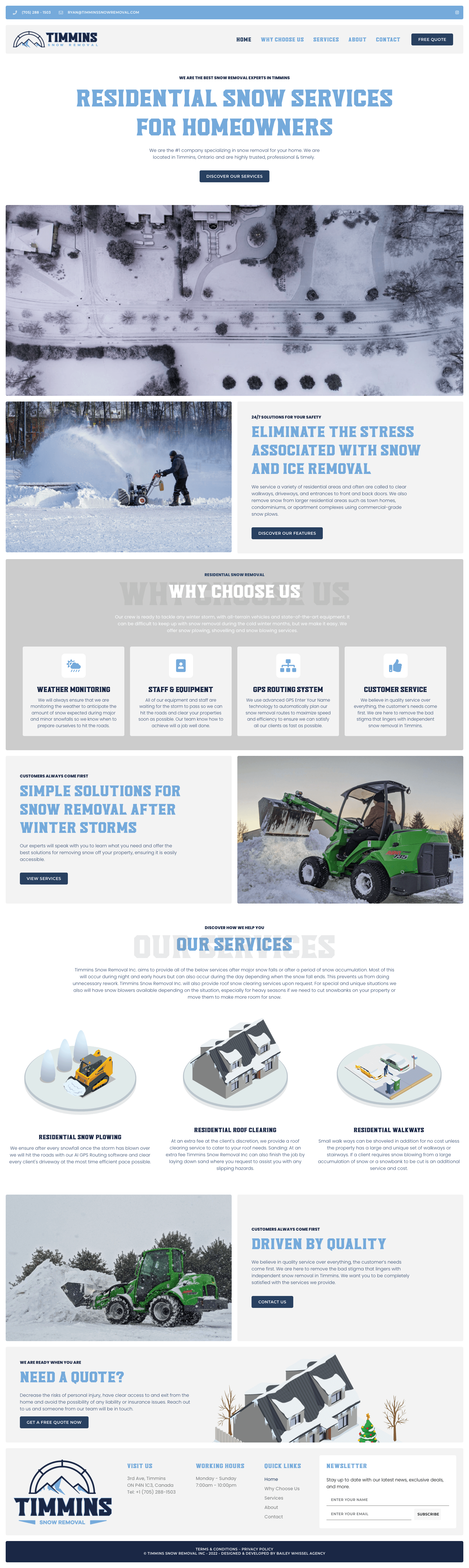 Screenshot of a website by Conte Studios, a Toronto Design Agency, offering residential snow services. It features a header image showcasing snow removal, detailed descriptions of services offered, photos, and contact information. Conte Studios