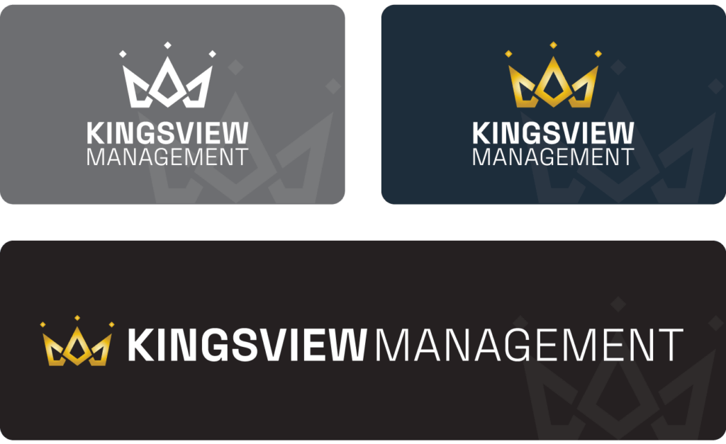 Three Kingsview Management logos: gray, navy with gold, and black with gold. All feature a stylized crown above the company name in bold uppercase letters. Crafted by Conte Studios, a renowned brand design agency in Toronto, each logo exudes elegance and sophistication. Conte Studios