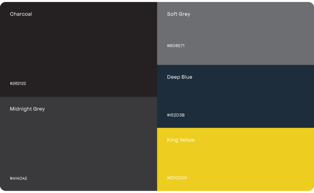 A set of six color swatches, curated by a Toronto Design Agency, is labeled from left to right: Charcoal, Midnight Grey, Soft Grey, Deep Blue, and King Yellow. Each swatch features its hex code below the name. Conte Studios