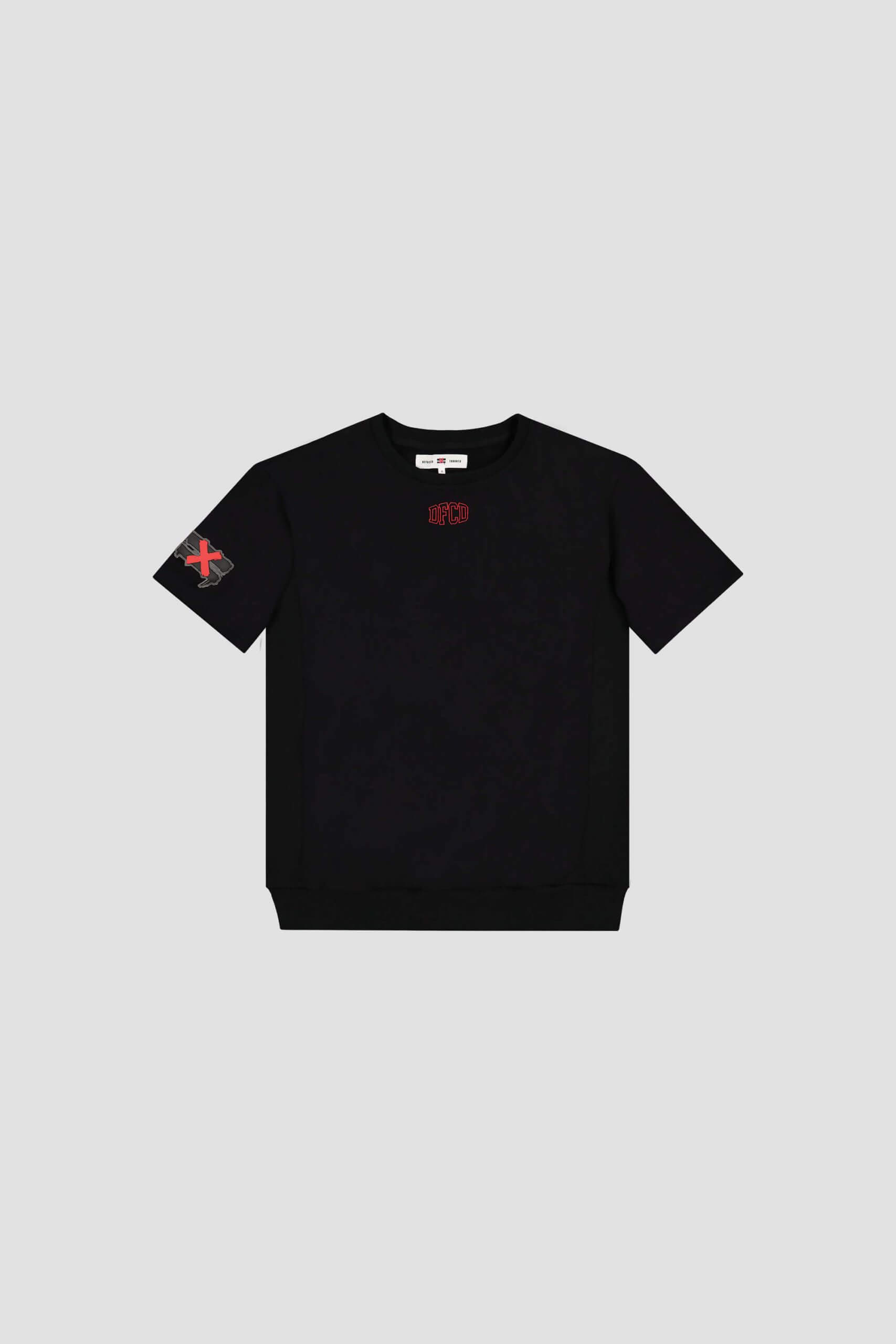 Black T-shirt with a red logo on the chest and a red cross design on the left sleeve, crafted by Conte Studios. Displayed on a plain gray background, this piece reflects the creative flair of Toronto's leading brand design agency. Conte Studios