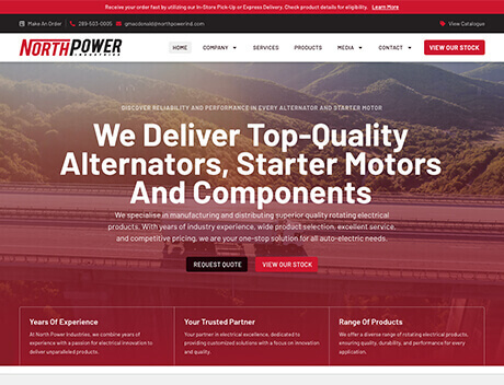 A company website homepage features a banner promoting alternators and starter motors, crafted with precision by a leading Brand Design Agency in Toronto, offering seamless navigation links and contact information. Conte Studios