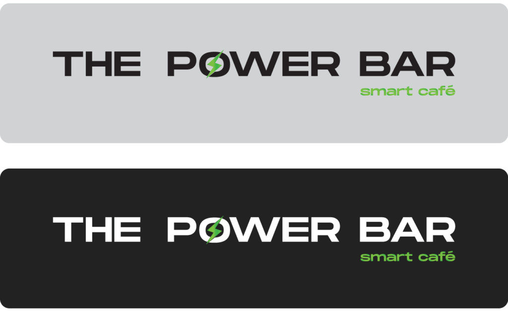 Logos with "The Power Bar" in bold font and "smart café" in smaller green type, crafted by a leading Brand Design Agency in Toronto. One stands out on a light gray background, the other on black, ensuring versatility and appeal across different settings. Conte Studios