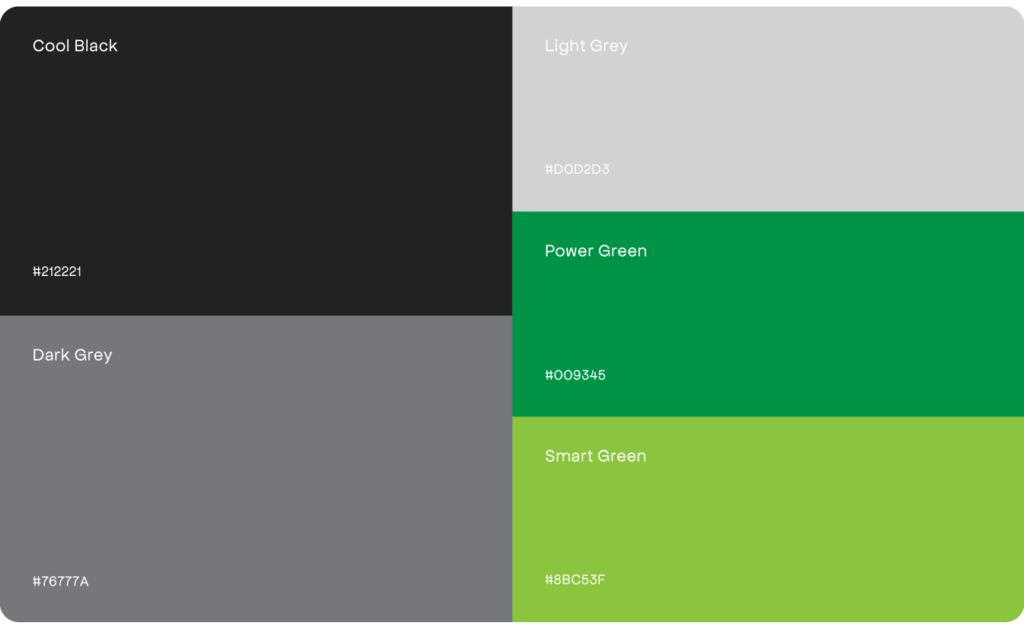 Color palette curated by a Toronto Design Agency featuring six swatches: Cool Black (#222221), Light Grey (#D0D2D3), Dark Grey (#76777A), Power Green (#009345), and Smart Green (#8BC53F). Perfect for creative projects that demand style and sophistication. Conte Studios