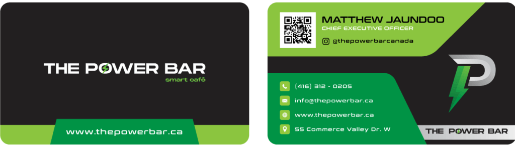 Front and back of a business card for The Power Bar, seamlessly merging contact information, QR code, and branding elements like the logo and color scheme of black, green, and white—a striking design by a leading brand design agency in Toronto. Conte Studios