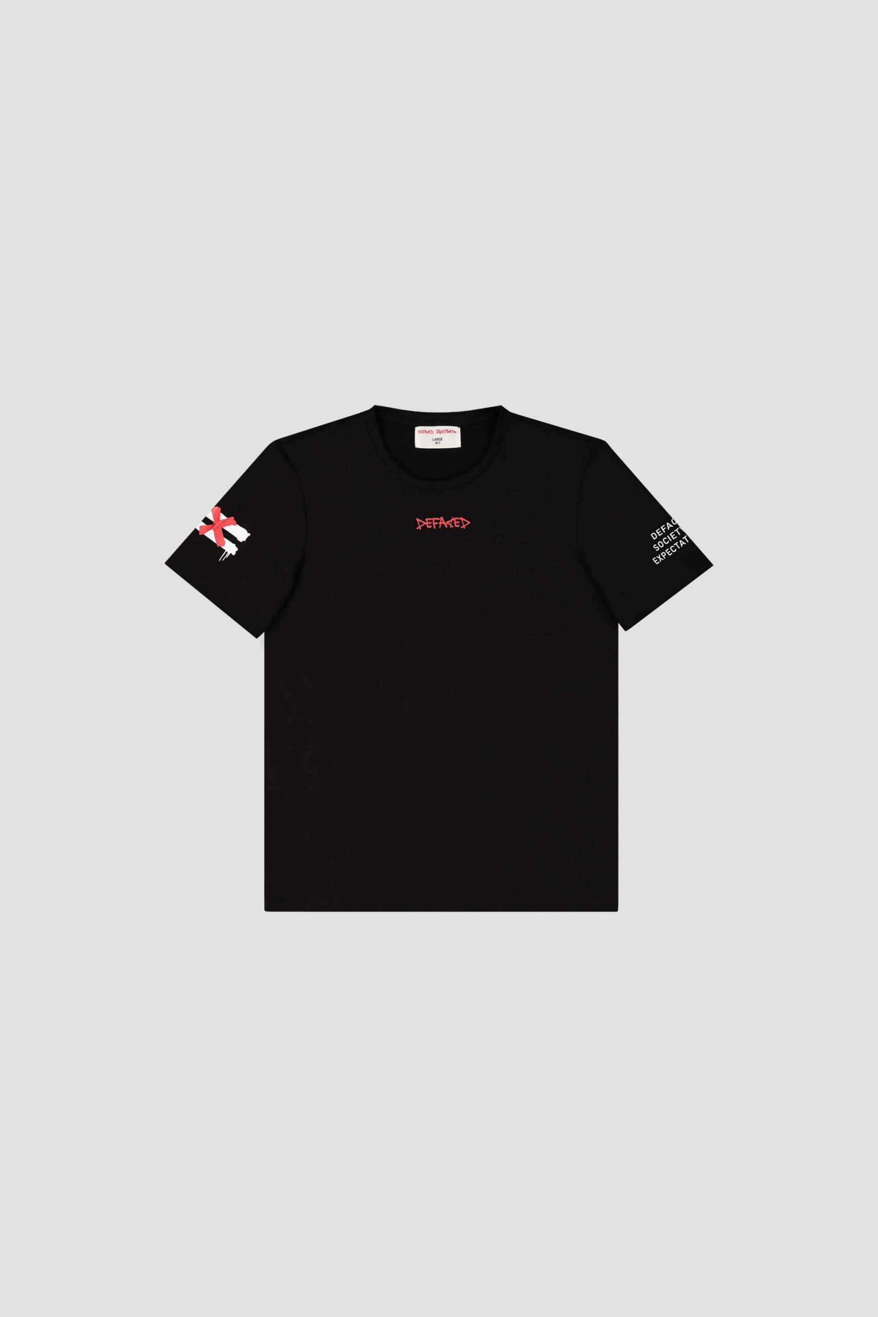 Black T-shirt featuring a red and white logo on the front, a nod to our roots as a Content Creation Agency Toronto. It includes a small flag emblem on the right sleeve and text on the left sleeve, all set against a plain background. Conte Studios