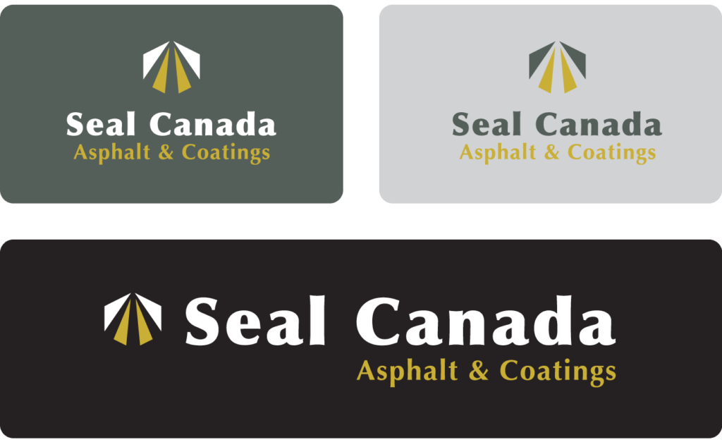 The Seal Canada Asphalt & Coatings logo, crafted with expertise you'd expect from a leading Content Creation Agency in Toronto, features three variations. Each showcases a triangular roof graphic and distinctive text colors set against gray, light gray, and black backgrounds. Conte Studios