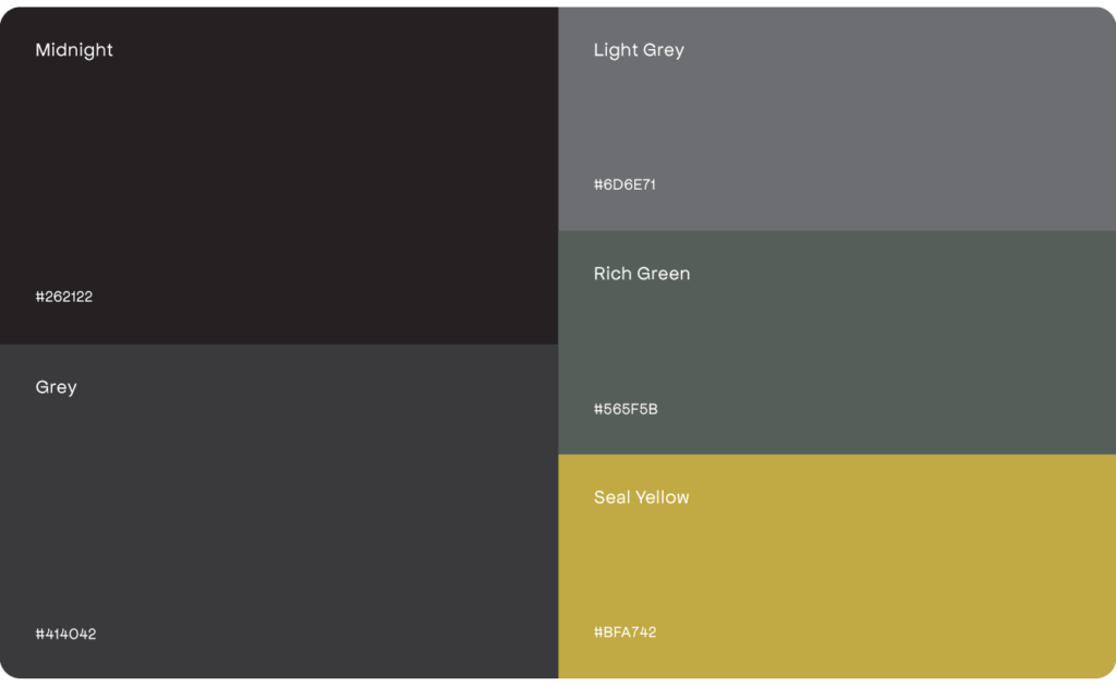 Color palette inspired by a Toronto Design Agency: six rectangles featuring Midnight (#262222), Grey (#141C42), Light Grey (#B6DE71), Rich Green (#566F5B), Grey (#6A7C7A), and Seal Yellow (#BFAB42). Conte Studios