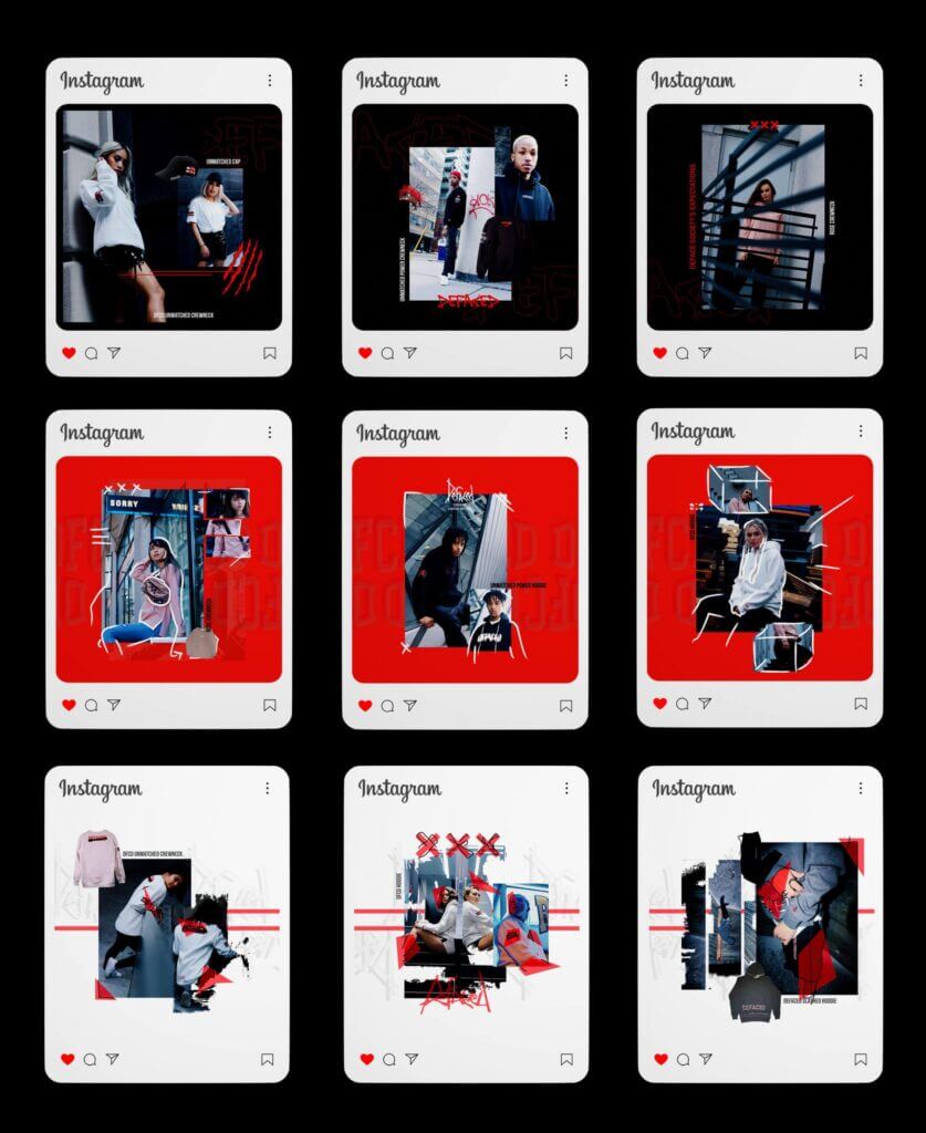 Grid of nine Instagram posts showcasing Conte Studios' expertise in indoor sports and fashion imagery. Each frame features unique red and black design elements, with people posing in athletic wear. Expertly crafted by a leading content creation agency in Toronto. Conte Studios