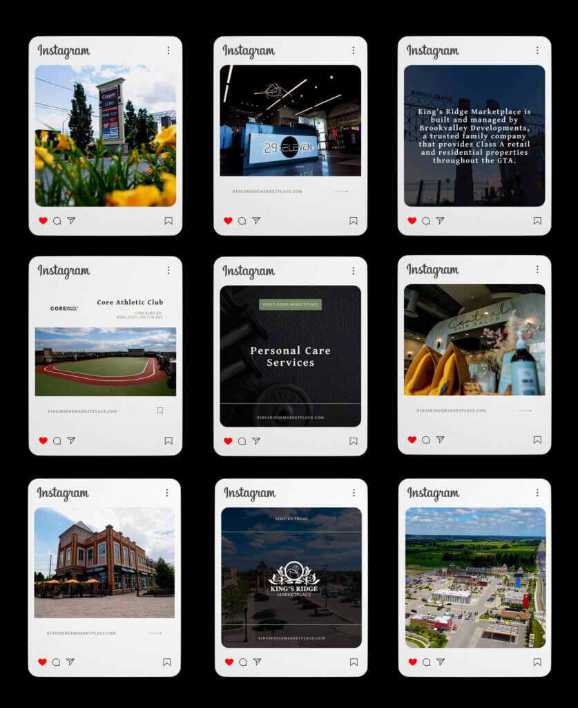 Grid of nine Instagram posts featuring various businesses and locations, including gyms, marketplaces, and stunning aerial views captured by Conte Studios. Discover the creativity of a brand design agency in Toronto, showcasing the essence of local establishments. Conte Studios