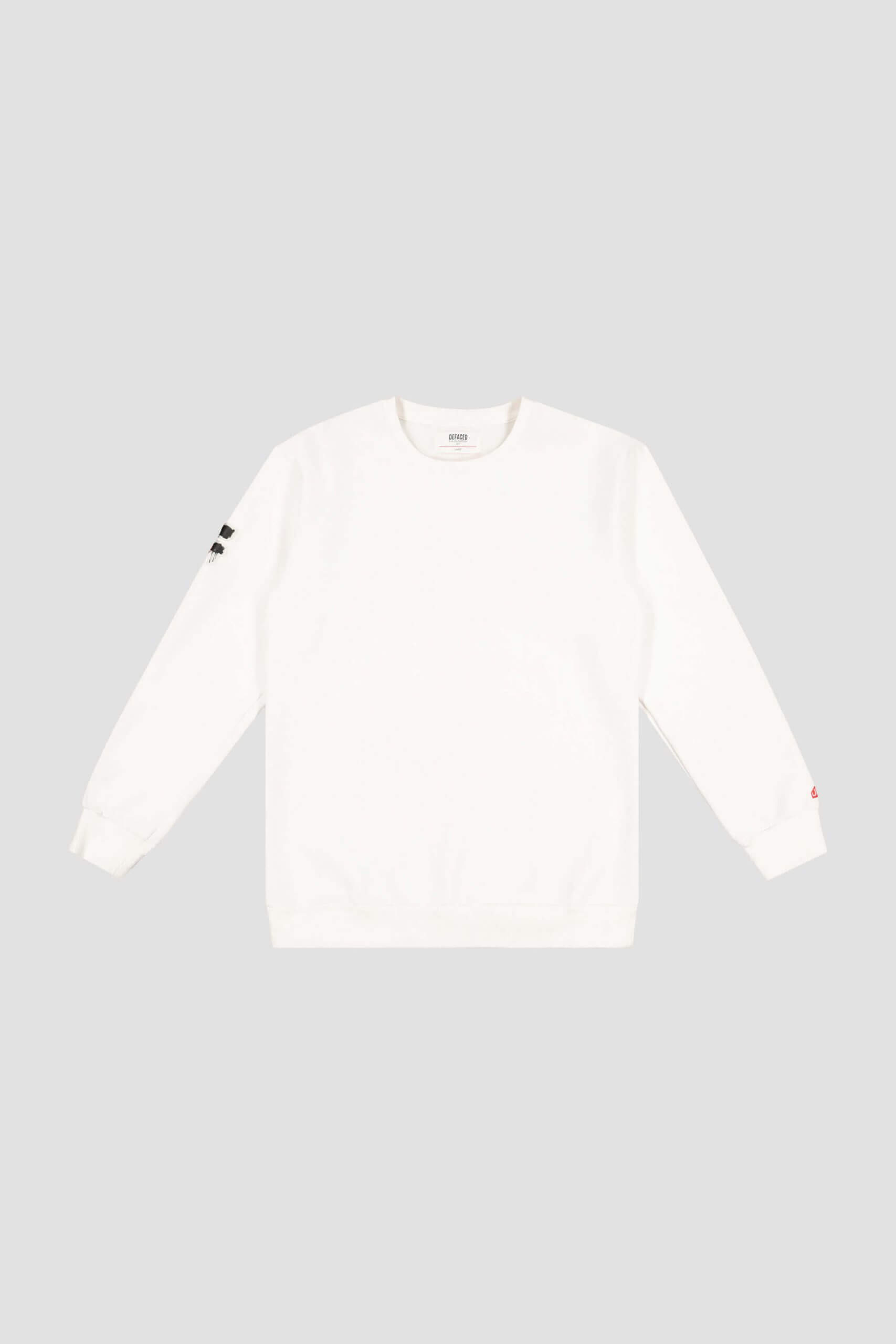 Plain white long-sleeve crewneck sweatshirt with black text on sleeves, designed by Conte Studios, displayed on a light gray background. Conte Studios