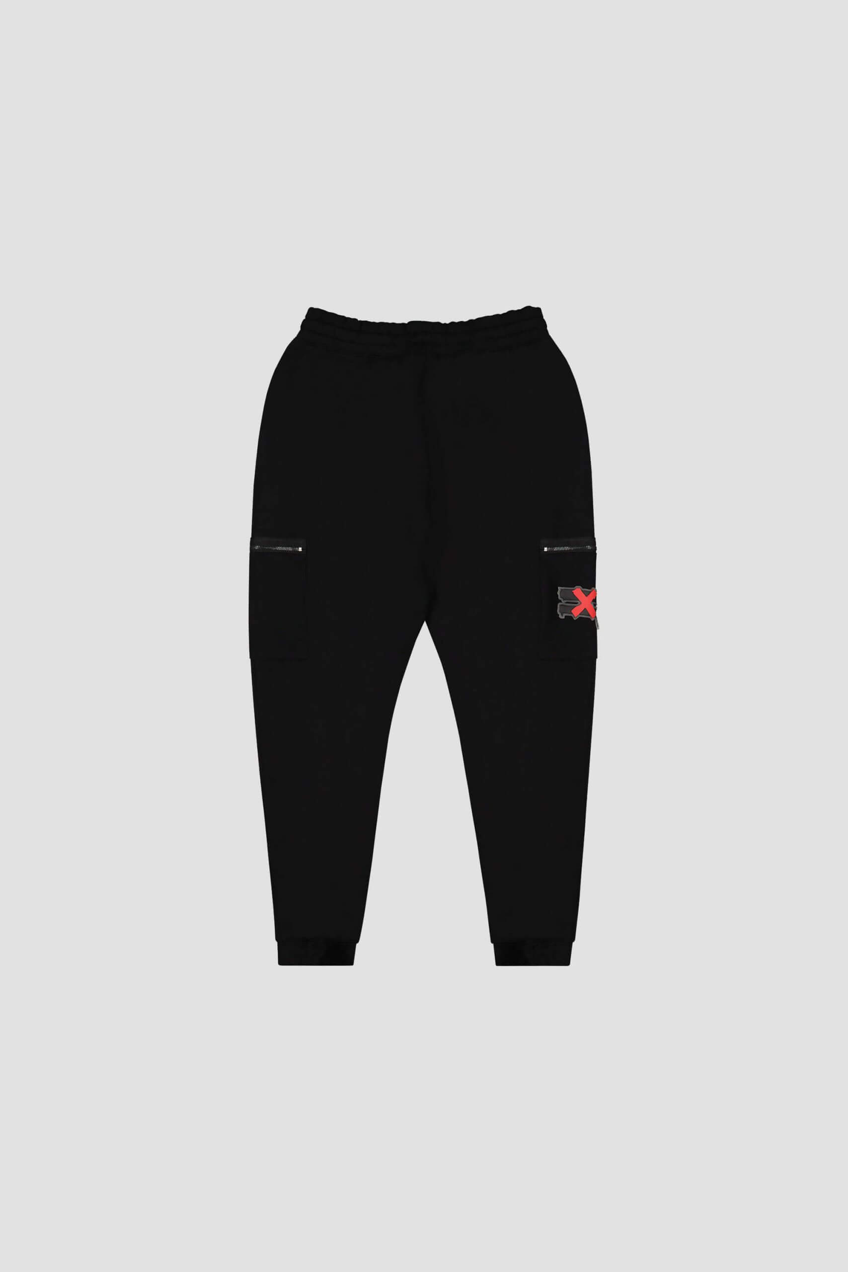 Black jogger pants with an elastic waistband and cuffed ankles, featuring red and white cross embroidery on one pocket, embodying the sleek aesthetics of Conte Studios. Conte Studios