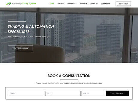 The Symmetry Shading Systems webpage, crafted by a top Toronto Design Agency, showcases shading and automation services. It includes a view product line button and a consultation booking form requiring name, email, and phone. Connect with us for expert solutions tailored to your needs. Conte Studios