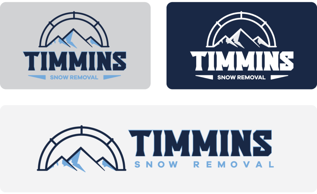 Four logo variations for "Timmins Snow Removal," crafted by a leading Brand Design Agency in Toronto, featuring stylized mountains and a circular arc design in diverse color schemes. Conte Studios