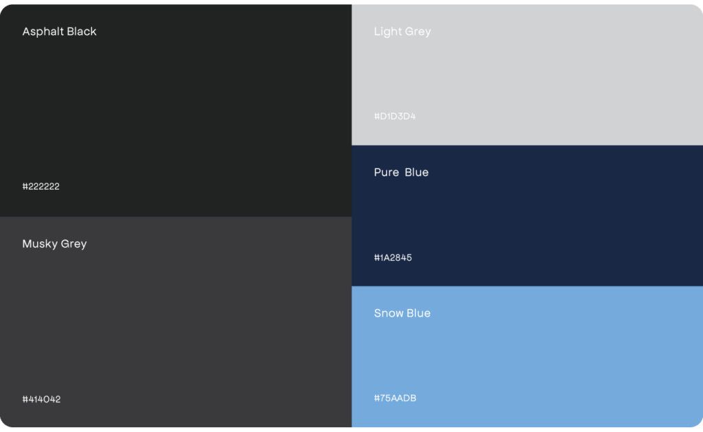 Explore the dynamic color palette crafted by Conte Studios, a leading Toronto Design Agency. Featuring Asphalt Black (#1A1A1A), Musky Grey (#313031), Light Grey (#D9D3D4), Pure Blue (#1A2845), and Snow Blue (#75AADB), each shade embodies our innovative approach to design. Conte Studios