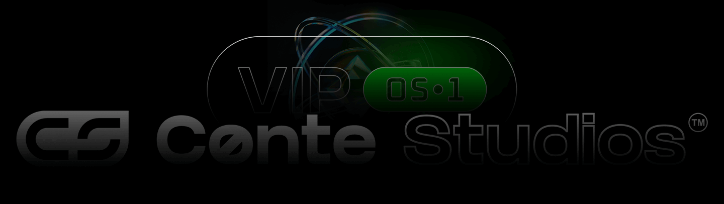 Logo featuring "VIP" text, a digital green badge labeled "OS-1," and "Cønte S†udios" in stylized font, capturing the essence of a leading Toronto Design Agency. Conte Studios