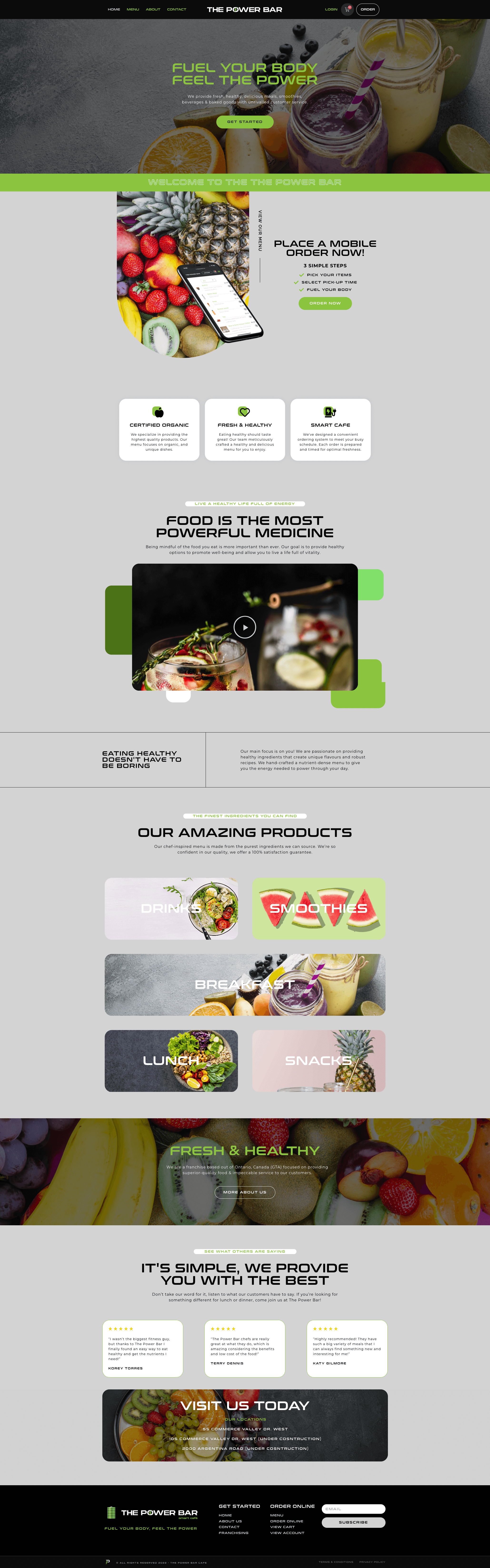 The Rewind Bar's website layout, crafted by a leading Web Design Agency in Toronto, showcases fresh fruits, smoothies, and healthy food options. Explore sections for the menu, services, and contact information for a seamless digital experience. Conte Studios