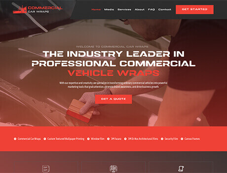 Screenshot of a website homepage for Commercial Car Wraps, highlighting services in vehicle wraps with a red and black theme. A "Get a Quote" button is prominent in the center. Conte Studios
