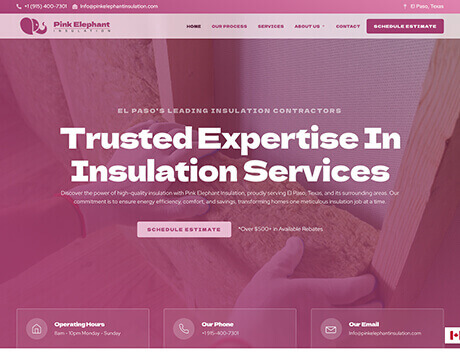 Screenshot of a website for Pink Elephant Insulation, highlighting their expertise in insulation services and offering a rebate. Contact details and operating hours are displayed at the bottom. Conte Studios