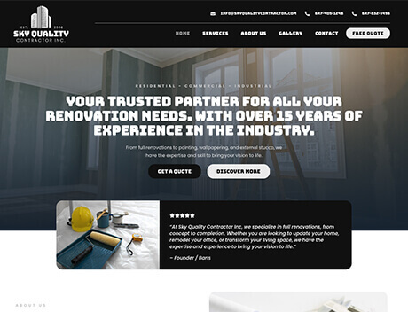 Screenshot of Sky Quality Contractor Inc. website, featuring renovation services. Includes navigation buttons like services, about us, and contact. Promotes over 15 years of industry experience. Conte Studios