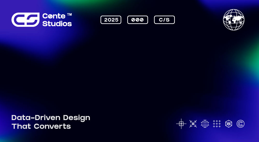 Black background with abstract blue and green gradients. White text reads, "Cente Studios," "Data-Driven Design That Converts," and "2025." Various icons are displayed, reflecting the innovative spirit of a leading Toronto Design Agency. Conte Studios