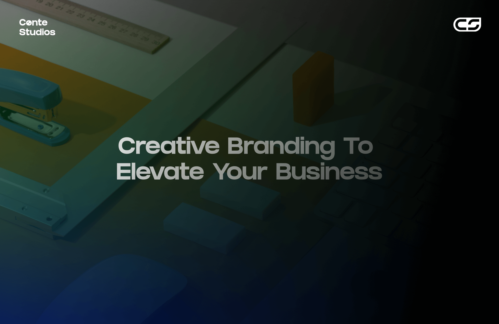 Office supplies on a desk with text overlay: "Creative Branding to Elevate Your Business," and logos for Cente Studios and CG. Conte Studios