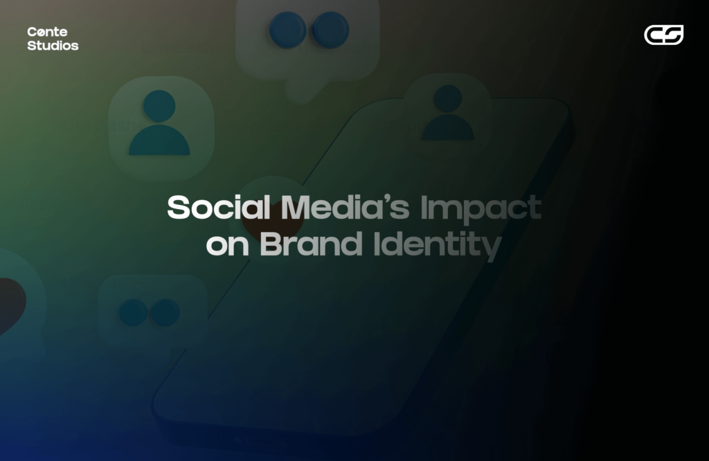 A blurred smartphone image with icons and text overlay: "Social Media’s Impact on Brand Identity. Conte Studios