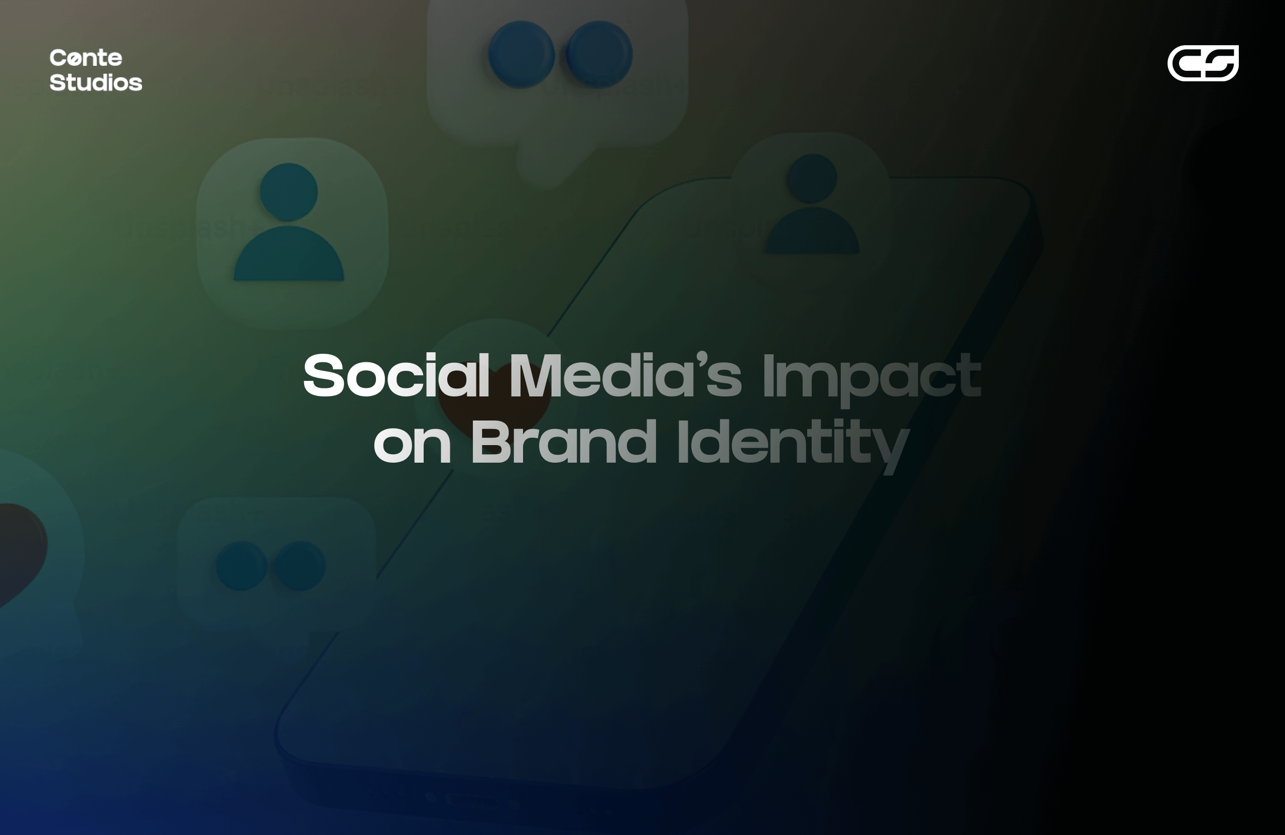 A blurred smartphone image with icons and text overlay: "Social Media’s Impact on Brand Identity. Conte Studios