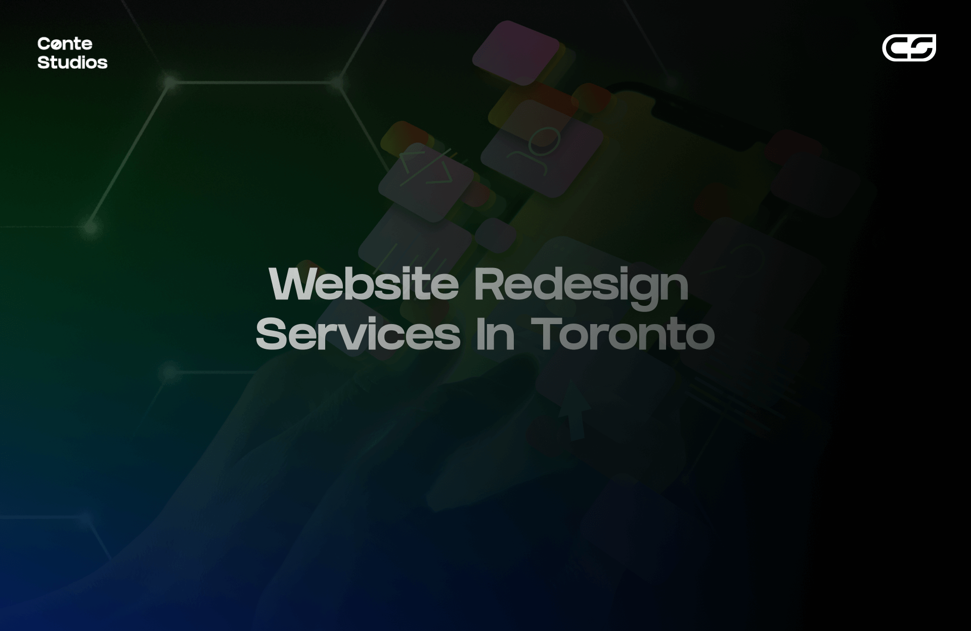 Text on a dark background reads: "Website Redesign Services in Toronto" with abstract technology icons and network graphics. Conte Studios