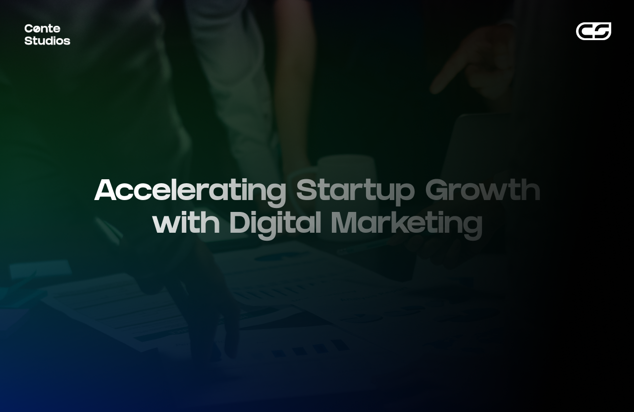 People gathered around a table with documents, with the text "Accelerating Startup Growth with Digital Marketing" overlayed. Conte Studios