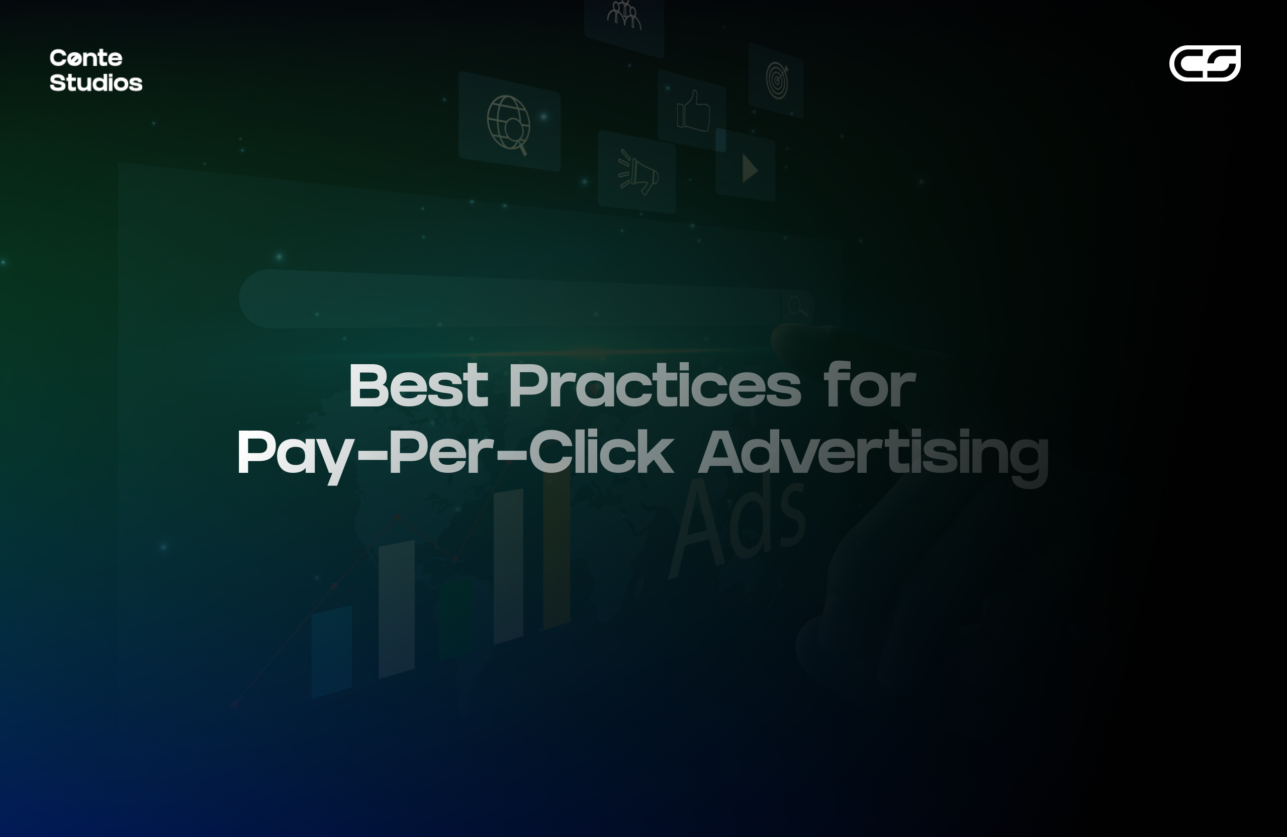 A dark gradient background with the text "Best Practices for Pay-Per-Click Advertising" and a hand pointing at a digital icon. Logos for Cente Studios and GS are visible. Conte Studios