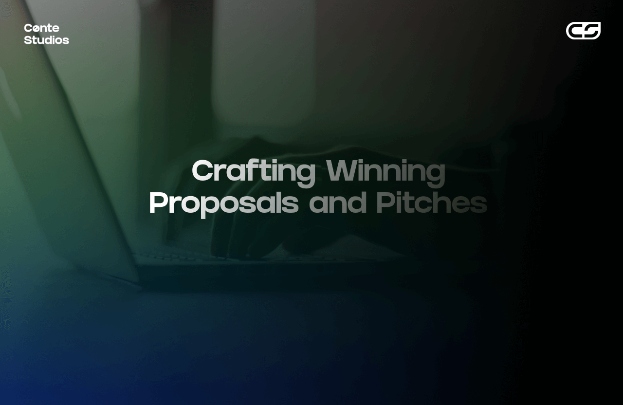 Person typing on a laptop with text overlay: "Crafting Winning Proposals and Pitches. Conte Studios