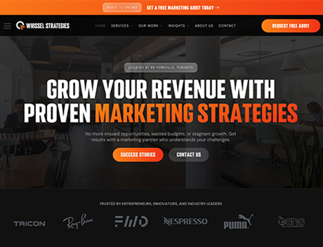 Office website homepage with bold text reading "Grow your revenue with proven marketing strategies," navigation menu, call-to-action buttons, and logos of well-known brands at the bottom. Conte Studios